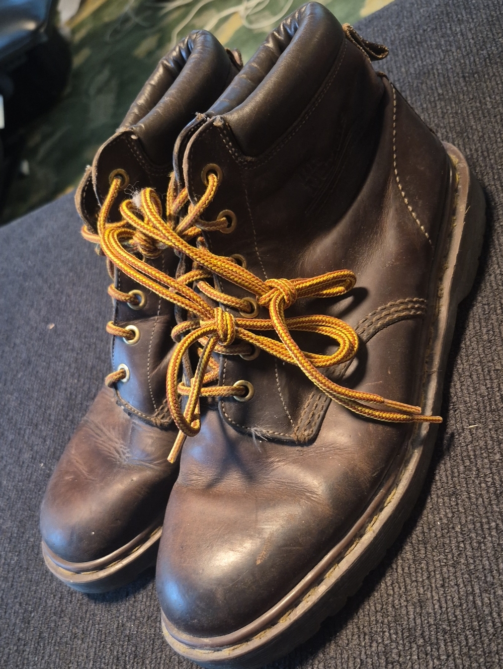 Dr. Martens Dark Brown Leather Boots with Yellow Laces